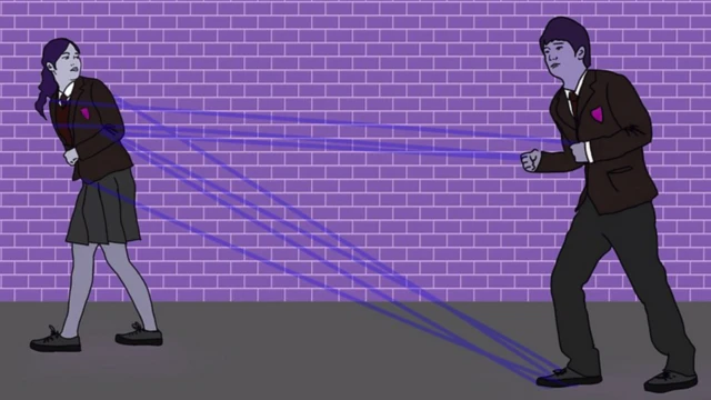 Drawing of a teenaged schoolboy in uniform standing on and holding virtual reigns while a girl in school uniform looks fearfully over her should