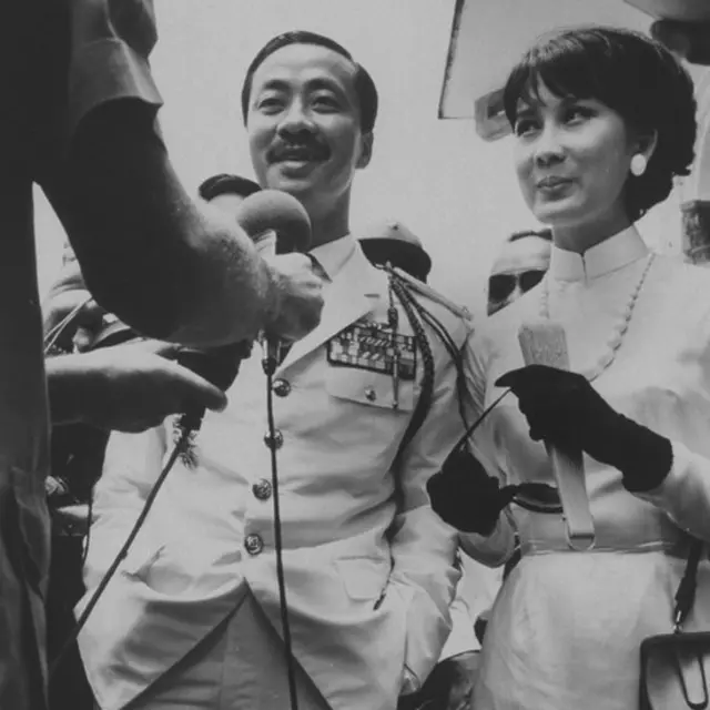 South Vietnamese Premier Nguyen Cao Ky and wife in Tay Minh during national elections