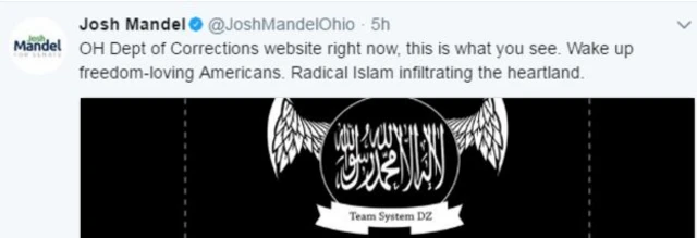 المسؤول عن الشؤون المالية في الولاية نشر تغريدة جاء فيها "الإسلام المتطرف يغزو عقر دارنا يأيها الأمريكيون من محبي الحرية"