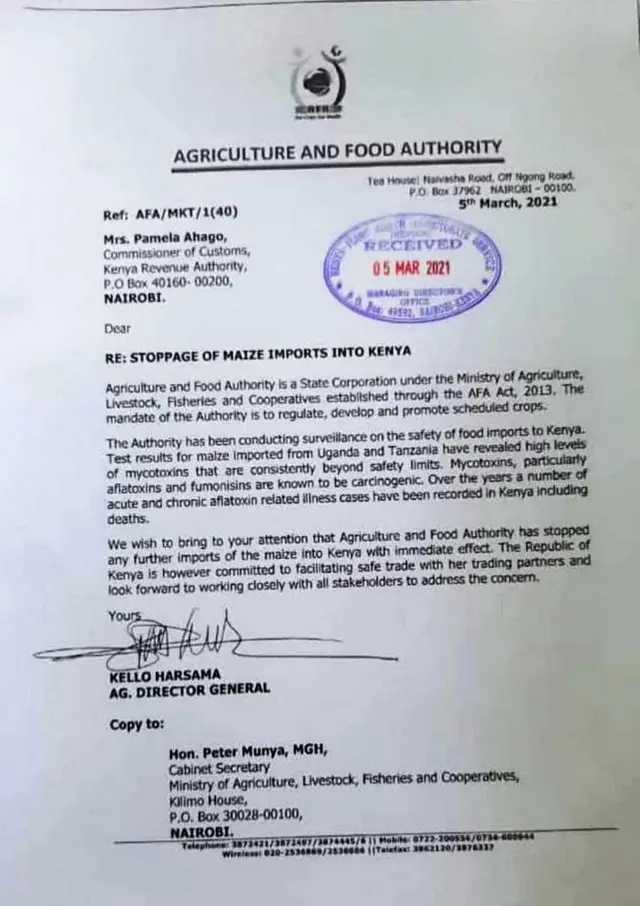 Barua ilioandikwa na wizara ya kilimo na kutiwa saini na mkurugenzi mkuu wa Kello Harsama