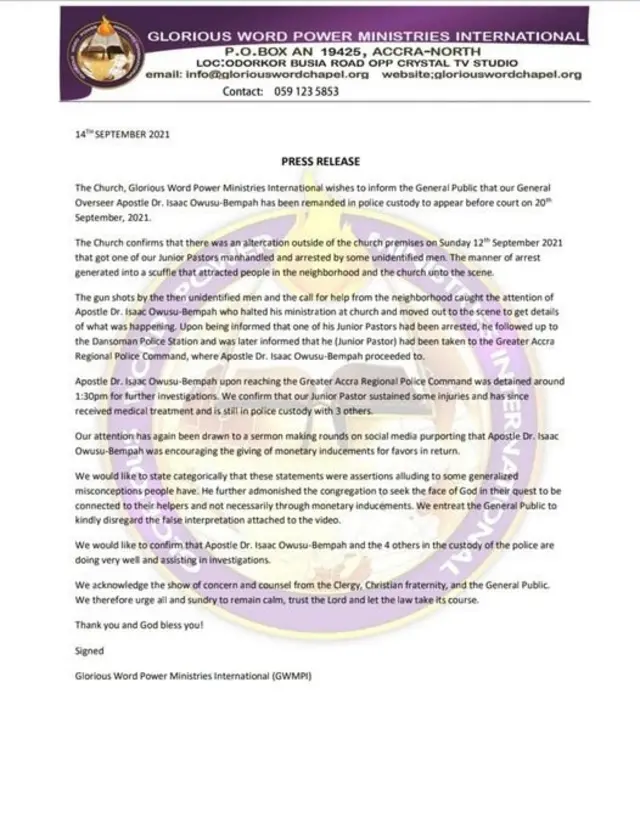 Isaac Owusu Bampah detained: Ghana church leaders want Greater Accra Police Command to free Prophet Owusu Bampah