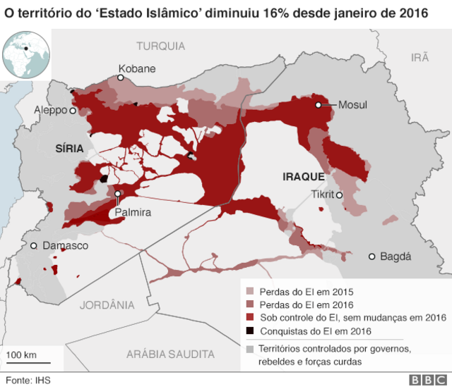 Mapa mostra perdamrjack betterritório do Estado Islâmico