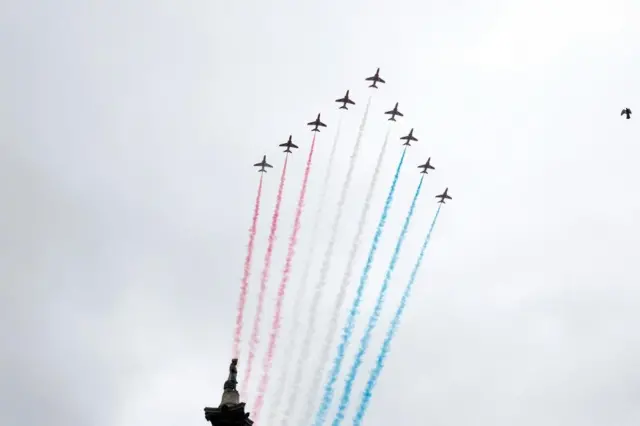Red Arrows fly over Nelson's Column following Britain's King Charles and Queen Camilla's coronation ceremony,