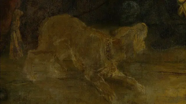 Rembrandt le puso un elegante collar al perro, y le añadió un pendiente de oro con un pequeñísimo destello de pintura roja