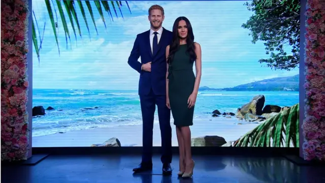 Waxwork models of Britain"s Prince Harry and his fiancee Meghan Markle are seen on display at Madame Tussauds in London