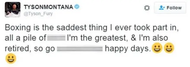 تایسون فیوری تصمیم خود برای کناره‌گیری از بوکس را در متنی که در حساب توییتری خود منتشر کرده گفته بود