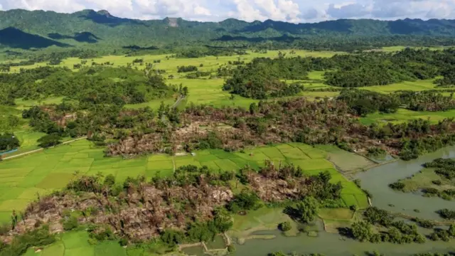 မီးလောင်ထားတဲ့ ရိုဟင်ဂျာရွာ