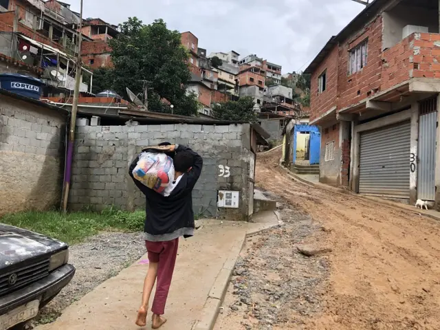 Menino levando cesta básica