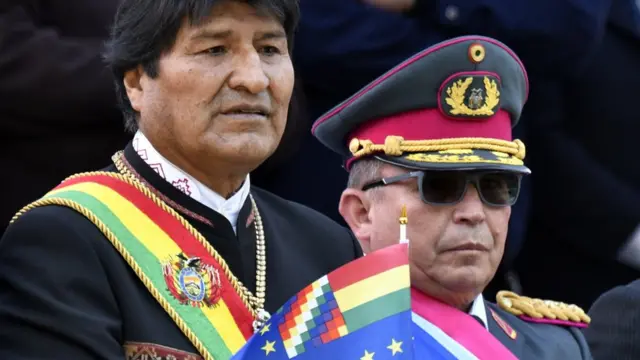 Morales and the commander-in-chief of the Bolivian Armed Forces, Gen Williams Kaliman, attend a ceremony in March