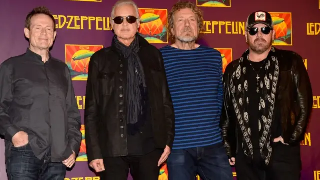 Джон Пол Джонс, Джимми Пейдж, Роберт Плант и Джейсон Бонэм на презентации фильма Celebration Day с записью концерта в декабре 2007 года в лондонском зале 02.