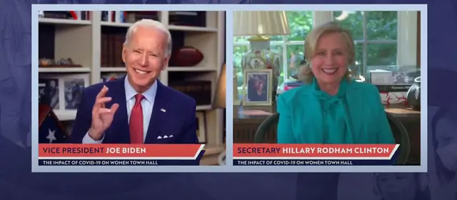 US Democractic Presidential Candidate Joe Biden in an online townhall meeting with former Presidential hopeful Hillary Clinton