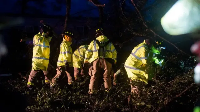 दक्षिणी लुइसियाना प्रांत के बोर्ग में अग्निशमन विभाग के लोग रास्ते में गिरे पेड़ों को हटाते हुए
