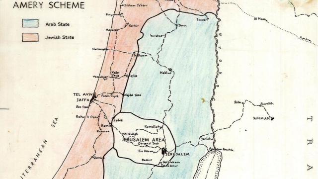 Imagen del mapa original de esquema Amery para la división de Palestina en dos estados: uno judío y otro árabe. (FOTO: Archivos centrales sionistas)