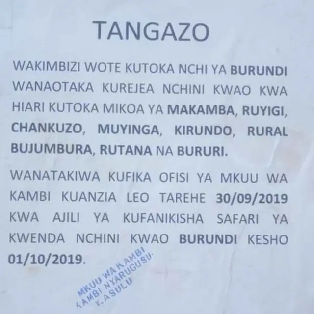 Tangazo lililotolewa kwa wakimbizi katika kambi ya Nyarugusu