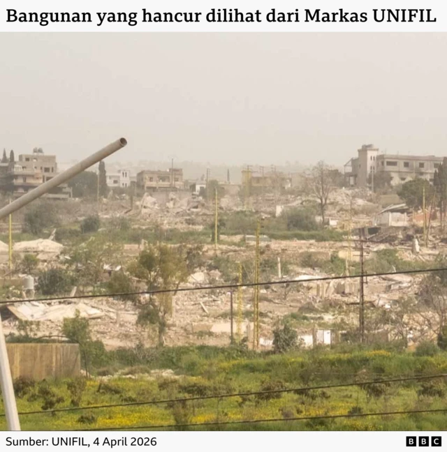 Bangunan‑bangunan yang hancur di Lebanon selatan dilihat dari markas UNIFIL.
