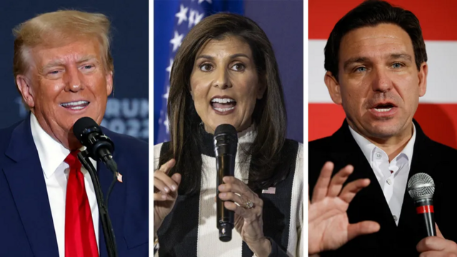 Montagem com Donald Trump, Nikki Haley e Ron DeSantis