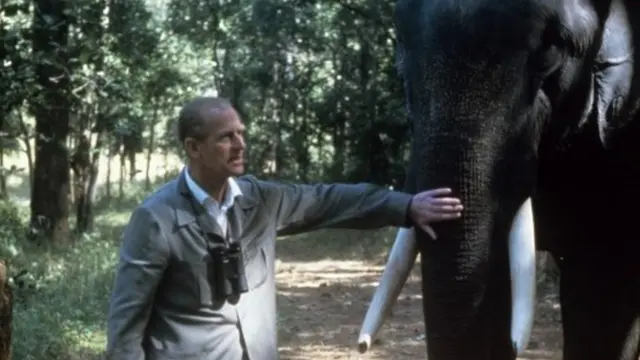 The Duke of Edinburgh pats an elephant, India, 1983 20/11/1983