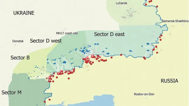 Карта обстрілів, опублікована у доповіді Bellingcat