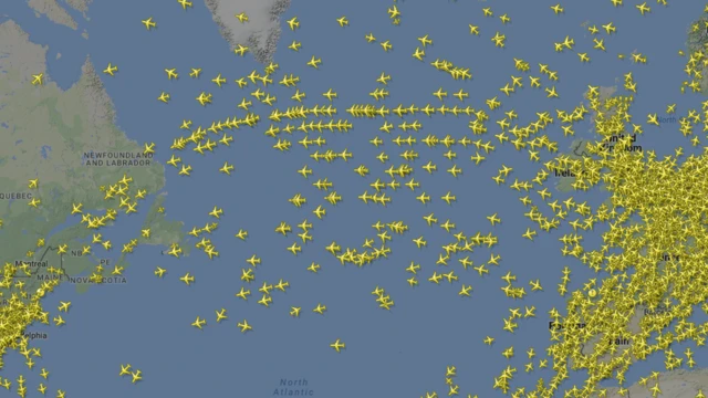 Rutas de vuelos de Europa a Norteamérica. Imagen: Flightradar24