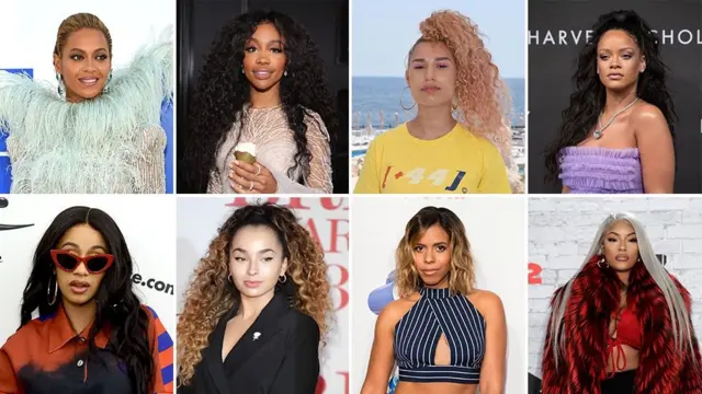(L-R) Beyonce, Sza, Raye, Rihanna, Cardi B, Ella Eyre, Kelli-Leigh and Stefflon Don, dumarkaan ayaa ilaa 2017 heer sare gaaray