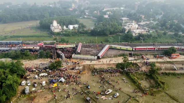 A drone view shows derailed coaches after two passenger trains collided in Balasore district in the eastern state of Odisha, India, June 3, 2023.