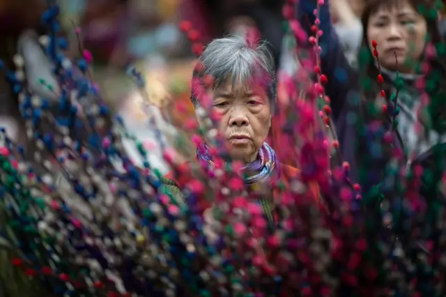 หญิงชาวฮ่องกงกำลังเลื้อซื้อดอกไม้ เพื่อเตรียมตัวฉลองวันตรุษจีนในวันพรุ่งนี้ ซึ่งถือว่าเป็นวันปีใหม่ของชาวจีน