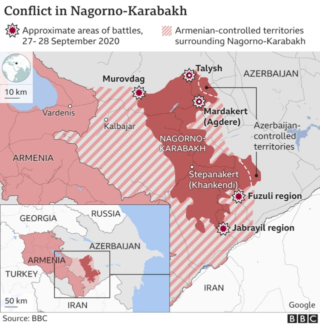 Map showing conflict in Nagorno-Karabakh region