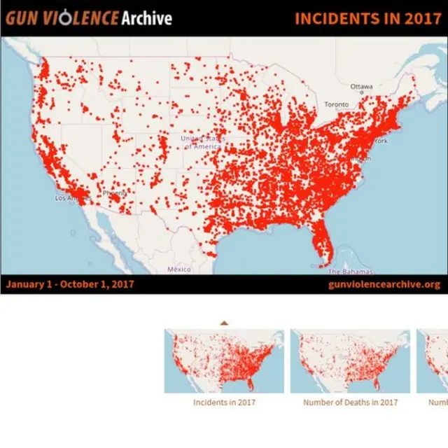 Data from Gun Violence Archive wey show di places wey mass shootings don happen for US since 2017
