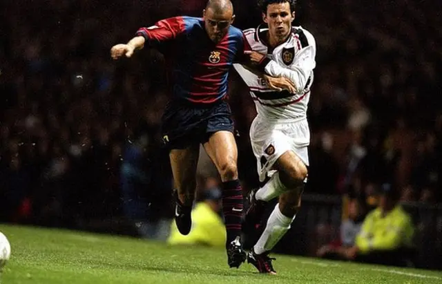 Luis Enrique and Ryan Giggs contest possession in a match in 1998