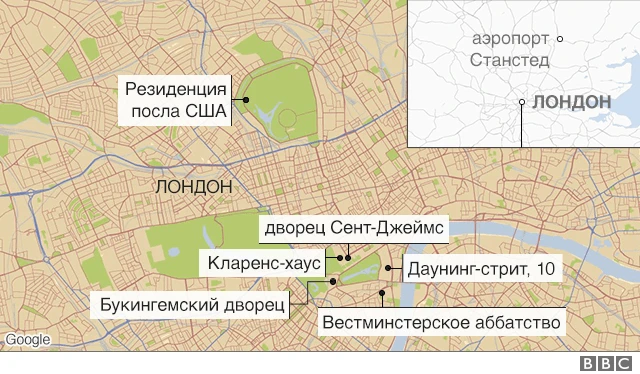карта Лондона - визит Трампа