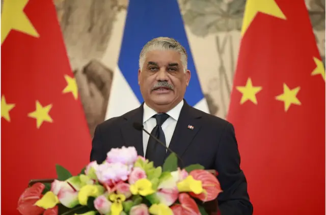 Dominican Republic Foreign Minister Miguel Vargas speaks to reporters at a press conference with his Chinese counterpart Wang Yi (not pictured) where they formally established diplomatic relations between the two countries at Diaoyutai State Guest-house in Beijing, China, 01 May 2018. The Dominican Republic announced 01 May 2018 that they are establishing formal diplomatic relations with China and breaking diplomatic ties with Taiwan. EPA/HOW HWEE YOUNG
