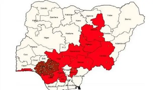 Aworan awọn ipinlẹ mẹtala ni orilẹede Naijiria ni aarun iba ọrẹrẹ ti de