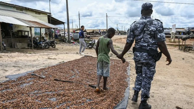 Um policial leva uma criança que trabalhavacadastro pix betuma instalaçãocadastro pix betprocessamentocadastro pix betcacau da Costa do Marfim durante uma operação