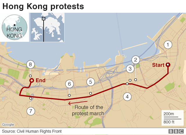 A map shows the numbers one to eight on a plan of Hong Kong, stretching from the east to the west across the city