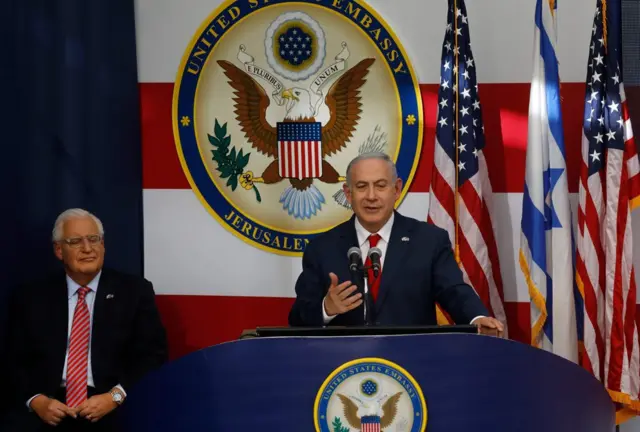 Benjamín Netanyahu da un discurso durante la inauguración de la embajada de EE.UU. en Jerusalén