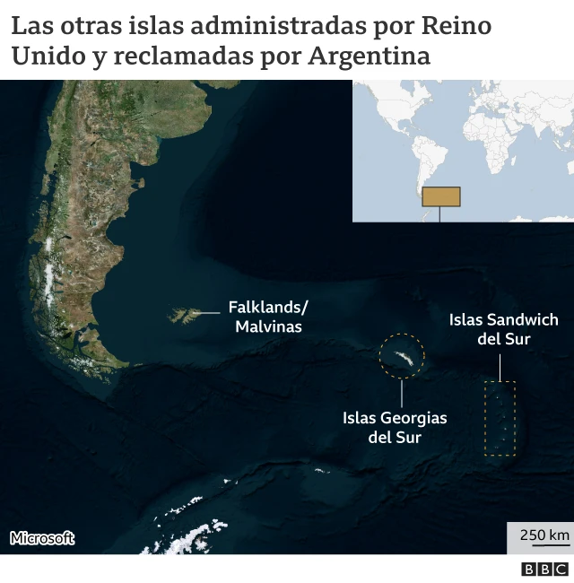 Mapa que muestra ubicación de las ilslas Georgias del Sur y Sandwich del Sur.