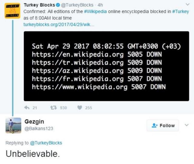 上周，土耳其当局在没有理由的情况下在国内屏蔽维基百科。