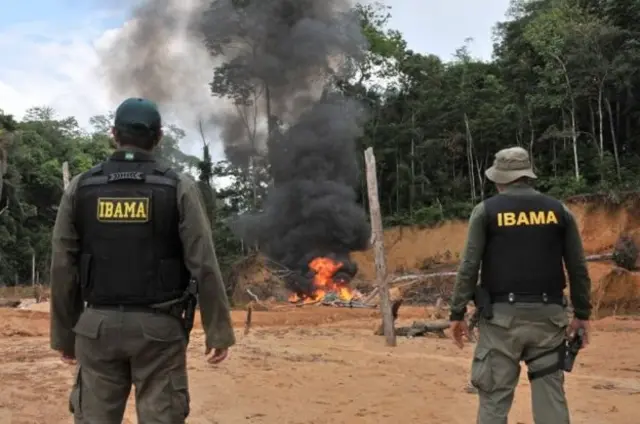 Agentes do Ibama vendo incêndio