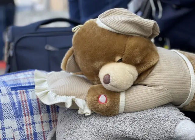 Oso de peluche en el paso fronterizo de San Ysidro el 25 de marzo de 2022.