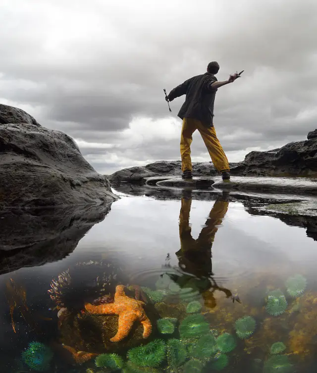 Poza con estrella y hombre lanzando una estrella al mar