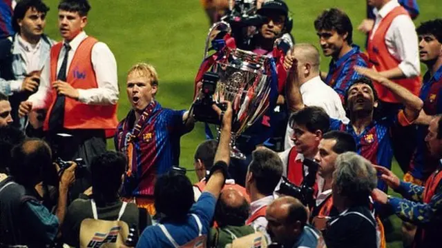Ronald Koeman holds the European Cup as a Barcelona player