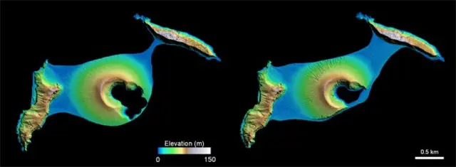 Satellite-derived elevations showing the island in April 2015 (L) and September 2017 (R)