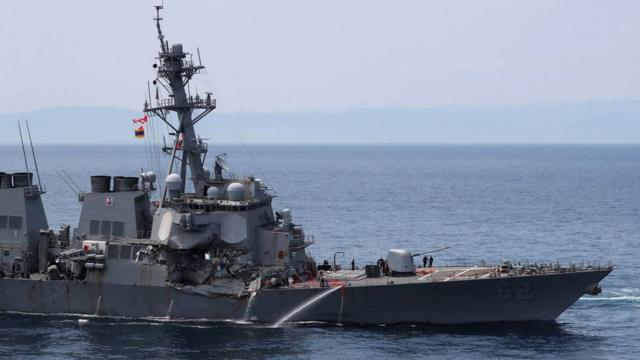 Guided missile destroyer USS Fitzgerald off the Shimoda coast after it collided with a Philippine-flagged container ship on June 17, 2017