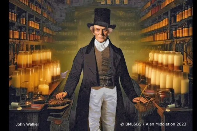 Imagem de John Walker gerada por inteligência artificial, de cartola, rodeado por prateleiras contendo frascos de líquidos