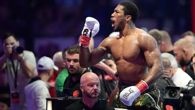 Anthony Joshua on the ropes celebrating his win over Kristan Prenga 