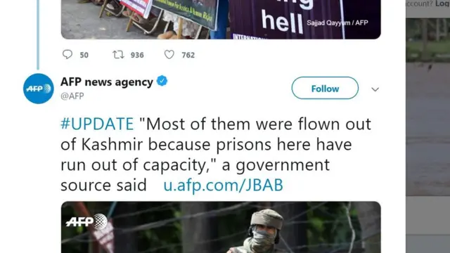 এএফপি বলছে, কাশ্মীরে কমপক্ষে চার হাজার লোকেক আটক করা হয়েছে।