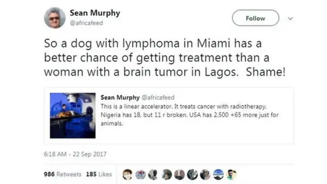 Africafeed tweet where im say dog wey get cancer for US get chance to beta healthcare pass woman wey get cancer for Nigeria.