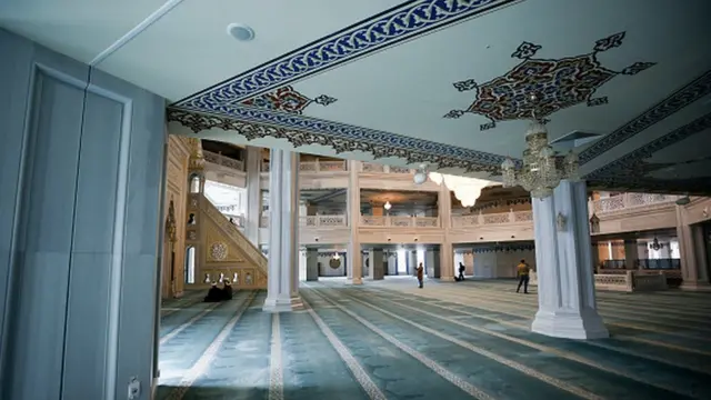 An inside view of Moscow Central Mosque in Russia on March 27, 2020. Muslims attend the Friday prayer via a live broadcast from Moscow Central Mosque after all mosques in Moscow are closed within precautions against coronavirus