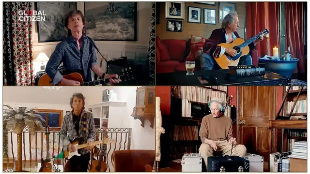 عزف أعضاء فرقة رولينغ ستونز سويا من أربعة مواقع مختلفة