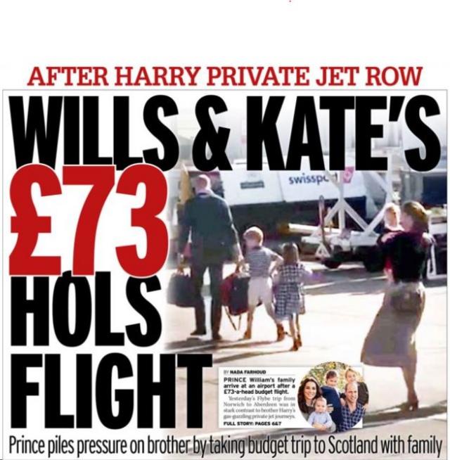 《每日镜报》头版标题是---威廉和凯特的73镑度假机票。王子带全家搭廉价航空去苏格兰度假，给弟弟压力山大。